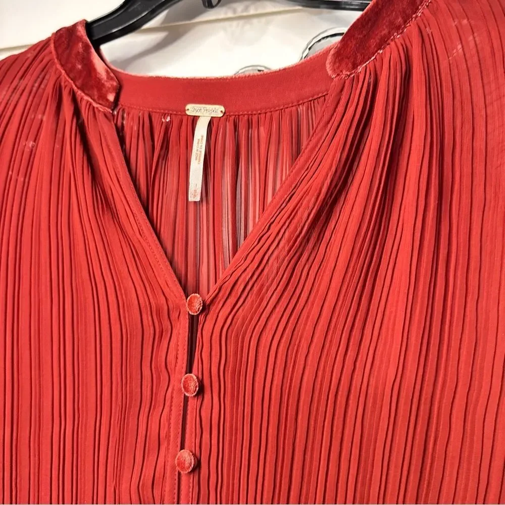 Free People Sheer Peasant Blouse Velvet Brick Red Orange